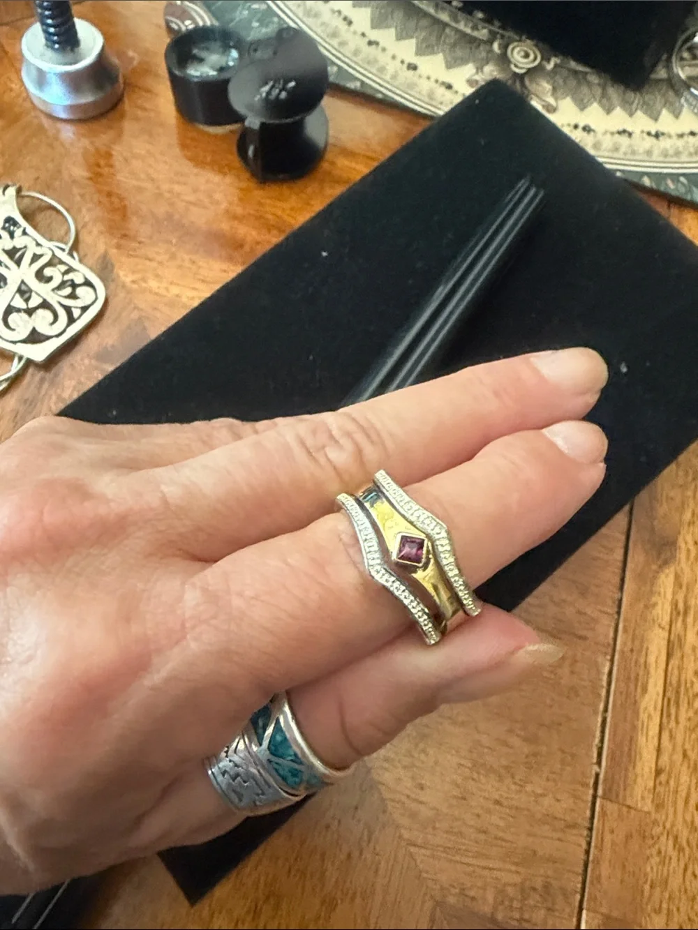 Gold-Tone Ring with Pink Center Stone and Pavé Band
